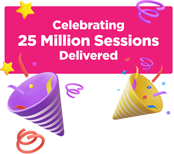 A pink banner with colorful party elements and white text celebrating 25 million sessions delivered.