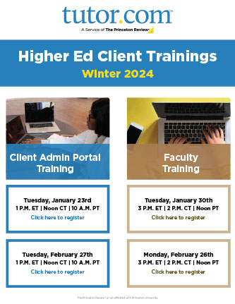 Promotional flyer for Tutor.com's Higher Ed Client Training, Winter 2024, featuring admin and faculty sessions with registration dates