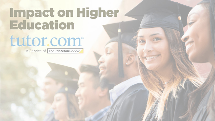 Banner image for 'Impact on Higher Education' featuring a diverse group of smiling graduates in cap and gown, with the logo of tutor.com, a service of The Princeton Review, signifying educational achievement and success.