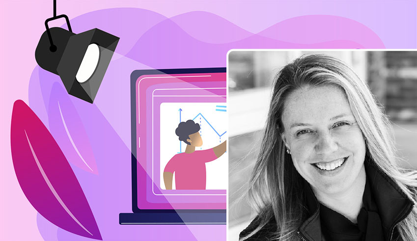 Split image of an animated online lesson on a laptop and a smiling Jayme Brooks.