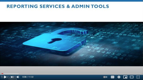 Screenshot of a video on Reporting Services & Admin Tools featuring a digital lock overlay on binary code.