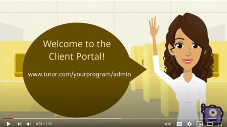 Animated avatar greeting with a speech bubble 'Welcome to the Client Portal!' on a video tutorial background.