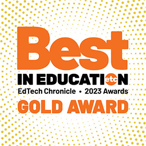 2023 EdTech Chronicle Gold Award badge for Best in Education, vibrant orange on a dotted background.