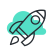 An icon of a rocket ship flying through a teal cloud, symbolizing speed, innovation, or exploration.