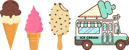 Variety of ice cream treats and an ice cream truck, representing a classic summer dessert.