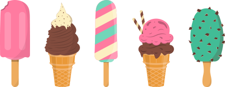 Assorted ice cream illustrations including cones and popsicles, perfect for a summer treat selection