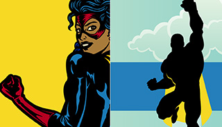 Images of two cartoon superheros: a woman flexing her muscles and a man flying through the clouds