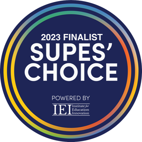 A circular badge with blue and yellow stripes and the text “2023 Finalist Supes’ Choice Powered by IEI”