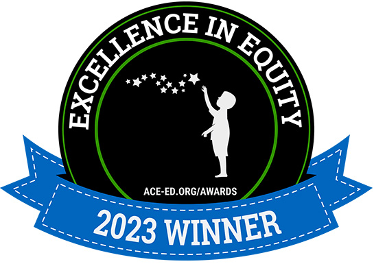 2023 Excellence in Equity winner emblem with a child silhouette reaching for stars and ACE-ED.ORG/AWARDS URL