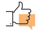 An orange speech bubble with a white thumbs up icon on a white background