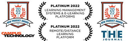 Two red and white award badges for Platinum 2022 Learning Management Systems & E-Learning Platforms and Platinum 2022 Remote/Distance Learning Platform from Campus Technology and The Journal.