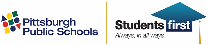 A logo of Pittsburgh Public Schools with the words “Students first” and “Always, in all ways”
