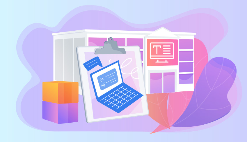 Vector illustration of an educational workspace with textbooks, a clipboard, and a digital test icon.