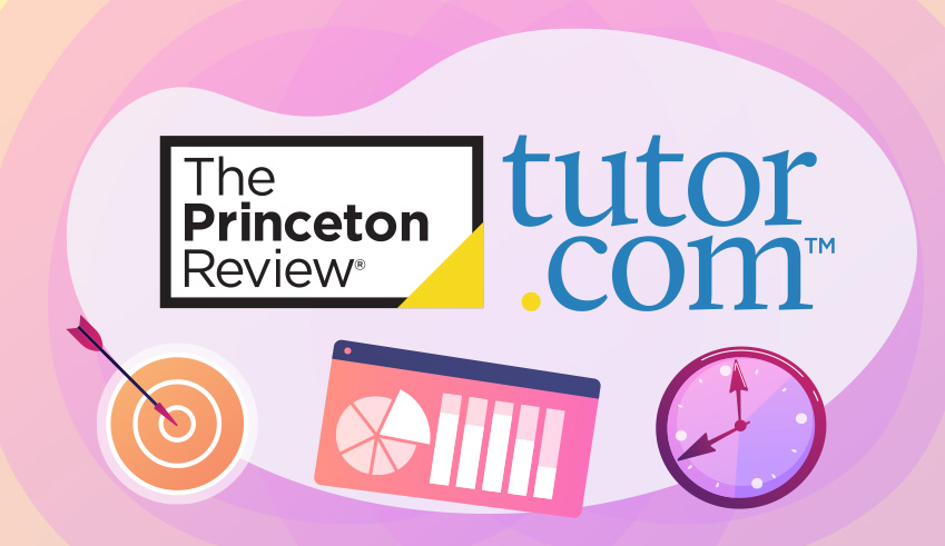 A graphic image with The Princeton Review and tutor.com logos and icons of a target, a pie chart, and a clock on a pink and purple gradient background.