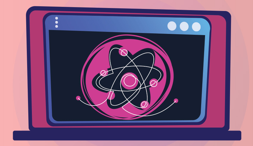 Stylized atom illustration on a laptop screen, representing an online AP science lesson.