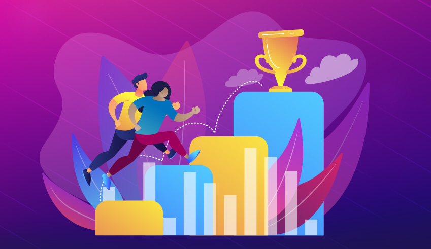 Colorful blue, purple, and yellow illustration of a man and a woman bounding up a human-sized bar graph towards a large trophy.