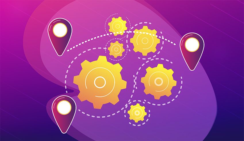 An illustration of yellow gears and location pins on a purple background.
