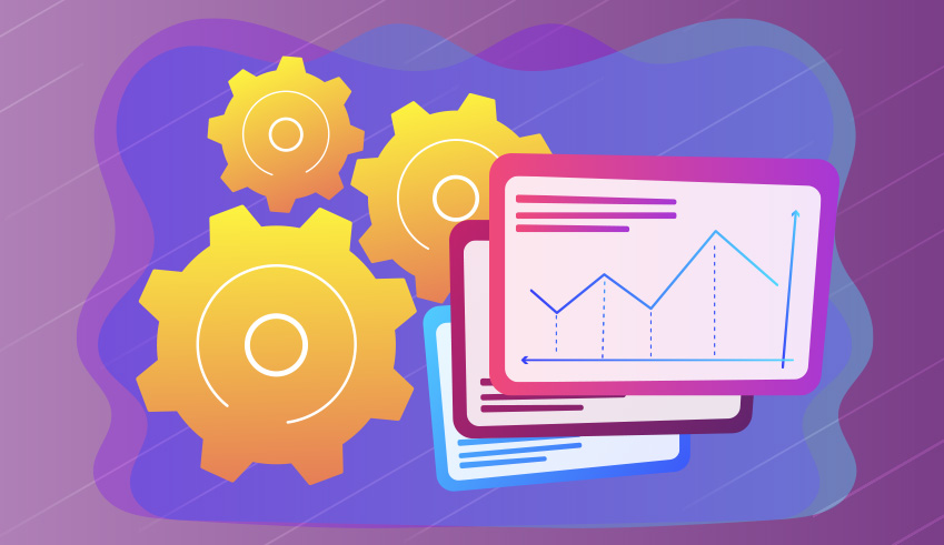 Three golden gears and a line graph illustrating growth