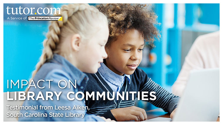 Young students engaged in learning at a library with Tutor.com branding