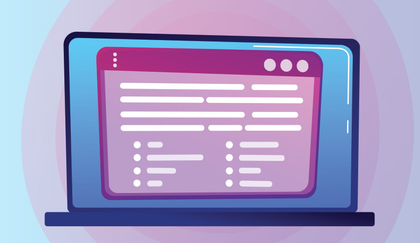 Illustration of a modern laptop displaying a webpage with organized text and tabs on a gradient purple background.