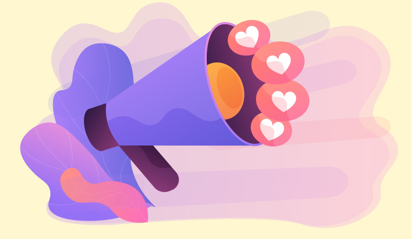 A purple and orange megaphone emitting pink hearts on a pink and purple gradient background.