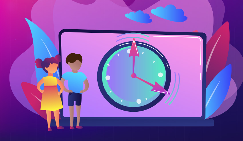 Colorful purple and blue illustration of two elementary school kids standing in front of human-sized laptop with a clock on screen