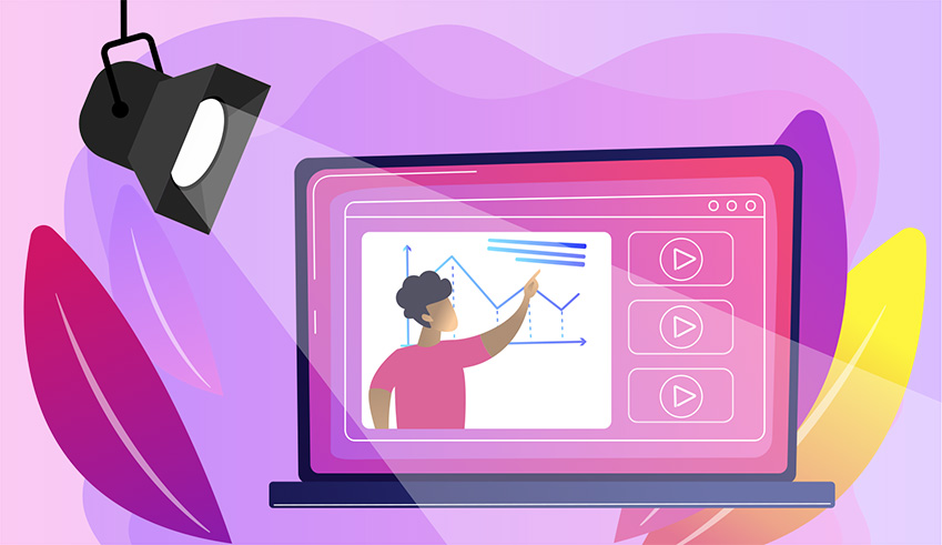 Animated tutor explaining graphs in an online video lesson on a laptop screen.