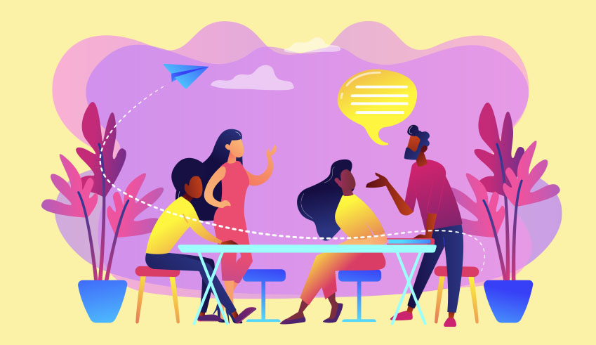 Colorful illustration of a diverse team collaborating and sharing ideas around a table