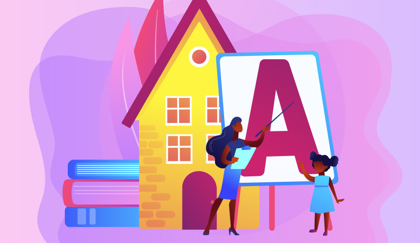 Illustration of a teacher and child with a giant letter 'A' in front of a house-shaped book stack.