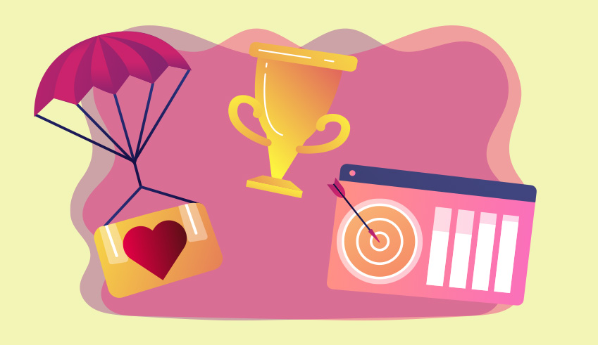 An illustration of a trophy, a box with a heart on a parachute, and an arrow hitting the center of a target on a pink background.